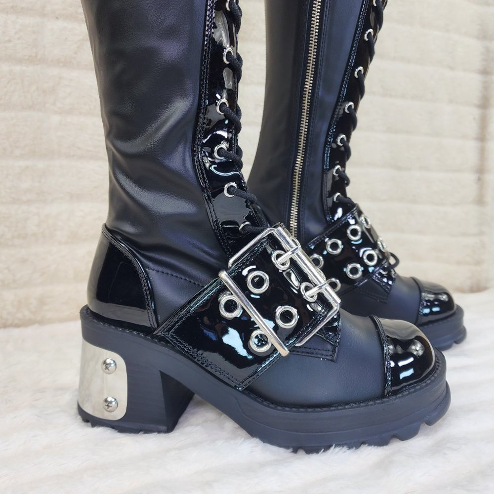 Bratty Big Buckle Strap Drape Chain Block Heel Stretch Thigh Goth Boots - Picture 6 of 15